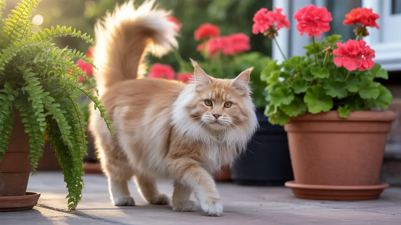 Fluffy cream-colored Maine Coon cat standing on a patio surrounded by potted plants and flowers