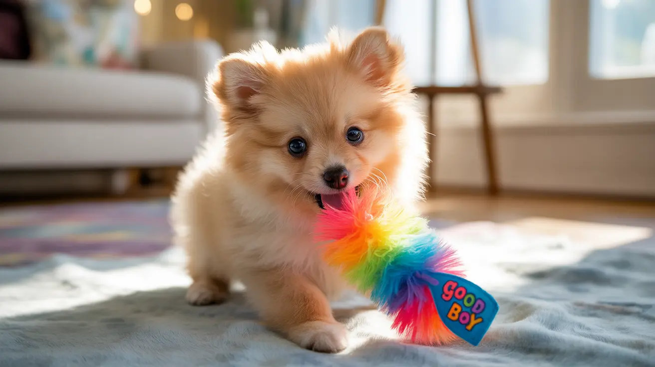 A fluffy cream-colored Pomeranian puppy sitting on a soft gray blanket with a colorful rainbow toy