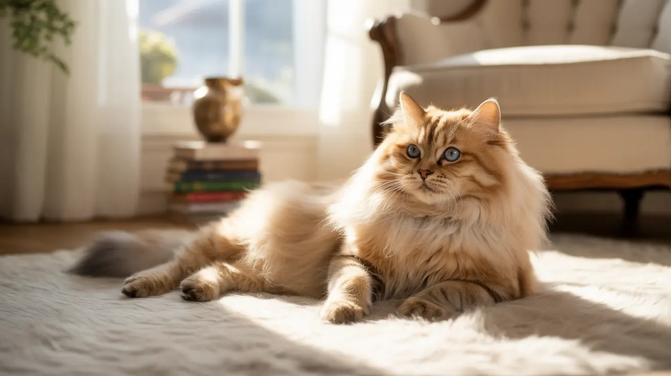 A fluffy golden Persian cat lounging elegantly on a light-colored rug in a sunlit living room