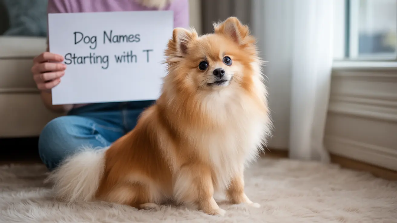 A fluffy golden-colored Pomeranian dog sitting on a beige carpet with a sign about dog names