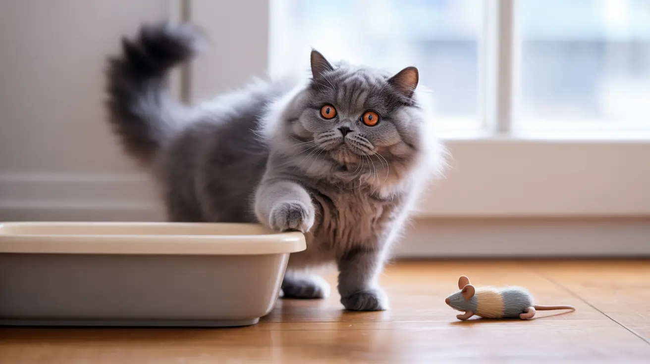 A fluffy gray British Longhair cat with orange eyes near a litter box and a toy mouse