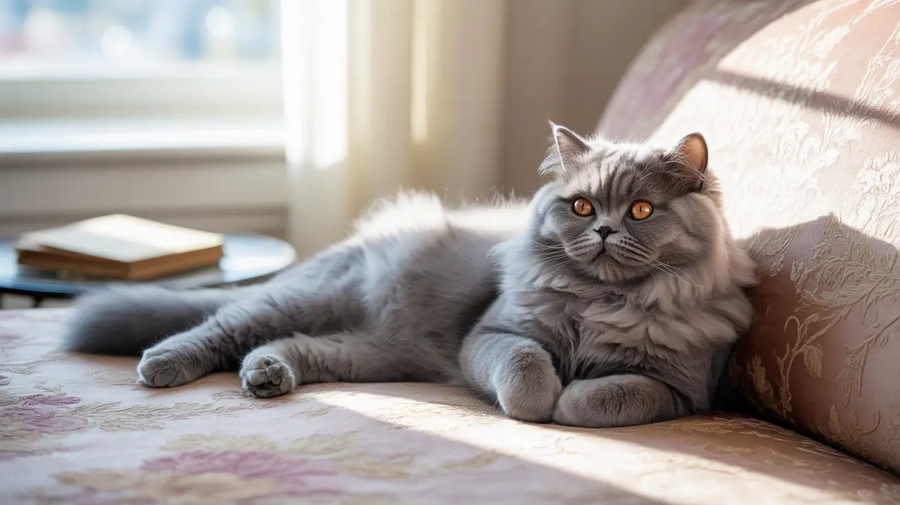 A fluffy gray British Longhair cat lounging elegantly on a patterned sofa near a sunlit window