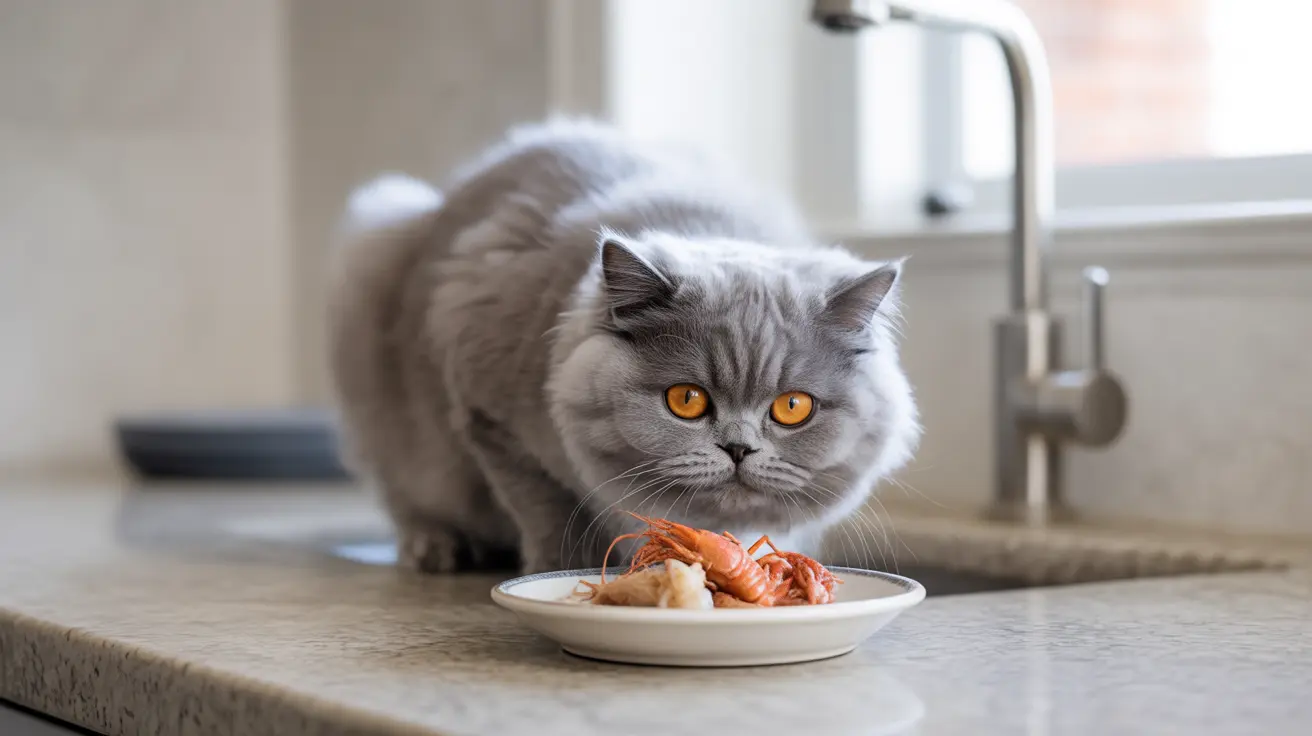 A fluffy gray cat with orange eyes next to a plate of cooked shrimp