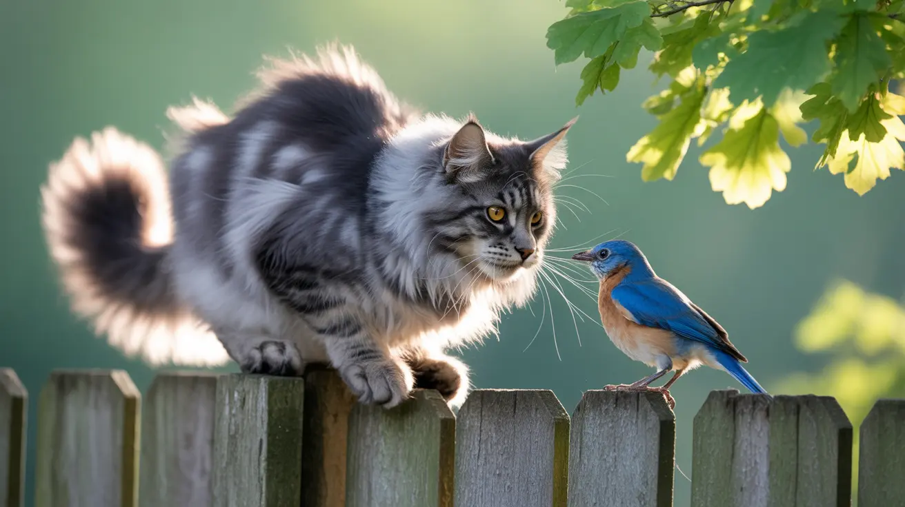 A large fluffy gray cat sitting on a wooden fence, closely observing a small blue and orange bird nearby