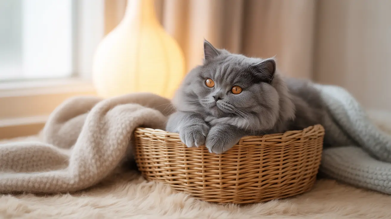 A fluffy gray cat with vibrant orange eyes resting comfortably in a woven wicker basket