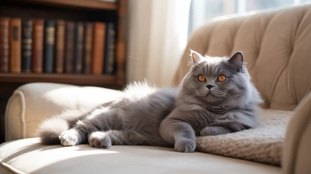 ふわふわした灰色の猫が、印象的なオレンジ色の目を持ち、本棚の近くにあるベージュのアームチェアで快適にくつろいでいる様子