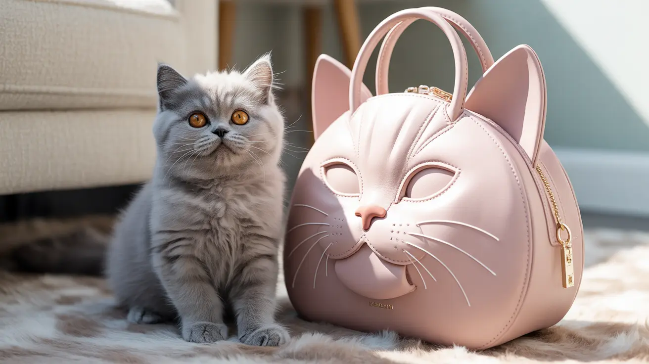 A fluffy gray cat sitting next to a pink cat-shaped designer handbag