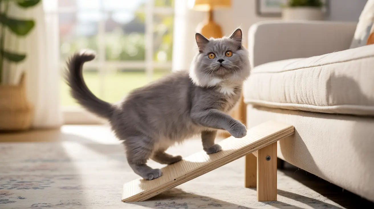 A fluffy gray cat navigating a wooden ramp near a living room couch