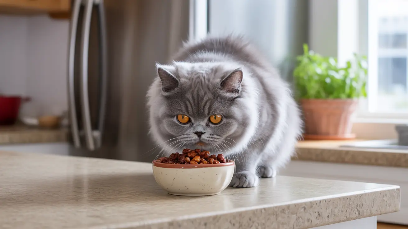 A fluffy gray cat with striking yellow eyes intently staring at a bowl of cat food on a kitchen countertop