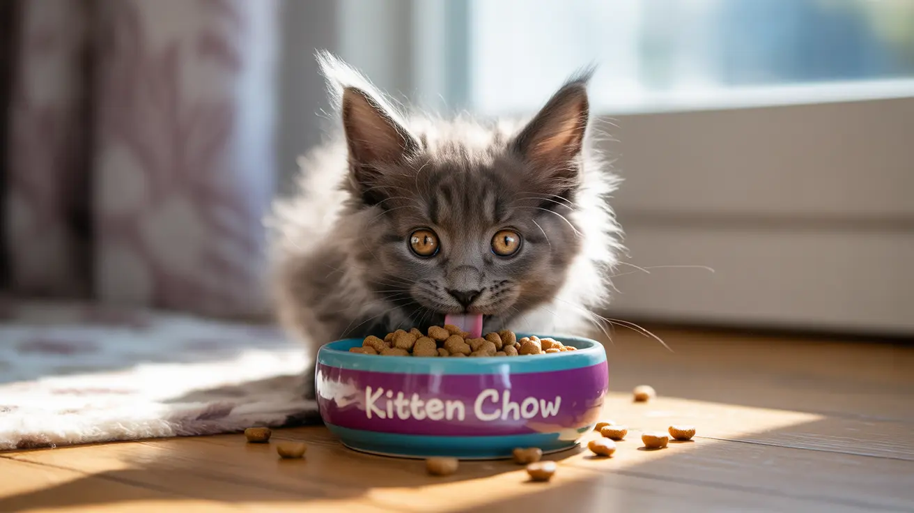 A fluffy gray kitten eating from a Kitten Chow branded food bowl