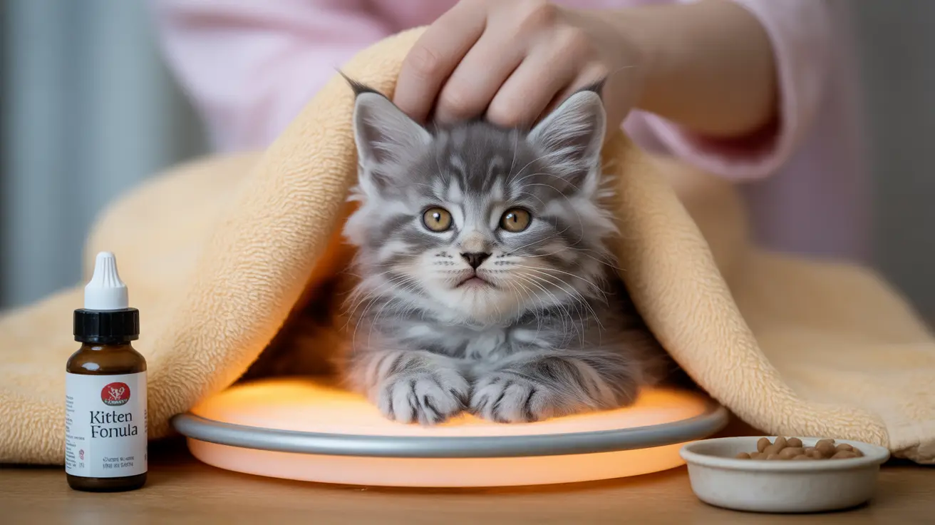 A fluffy gray kitten sitting on a warm heated pad, gently petted by a hand, surrounded by kitten care supplies