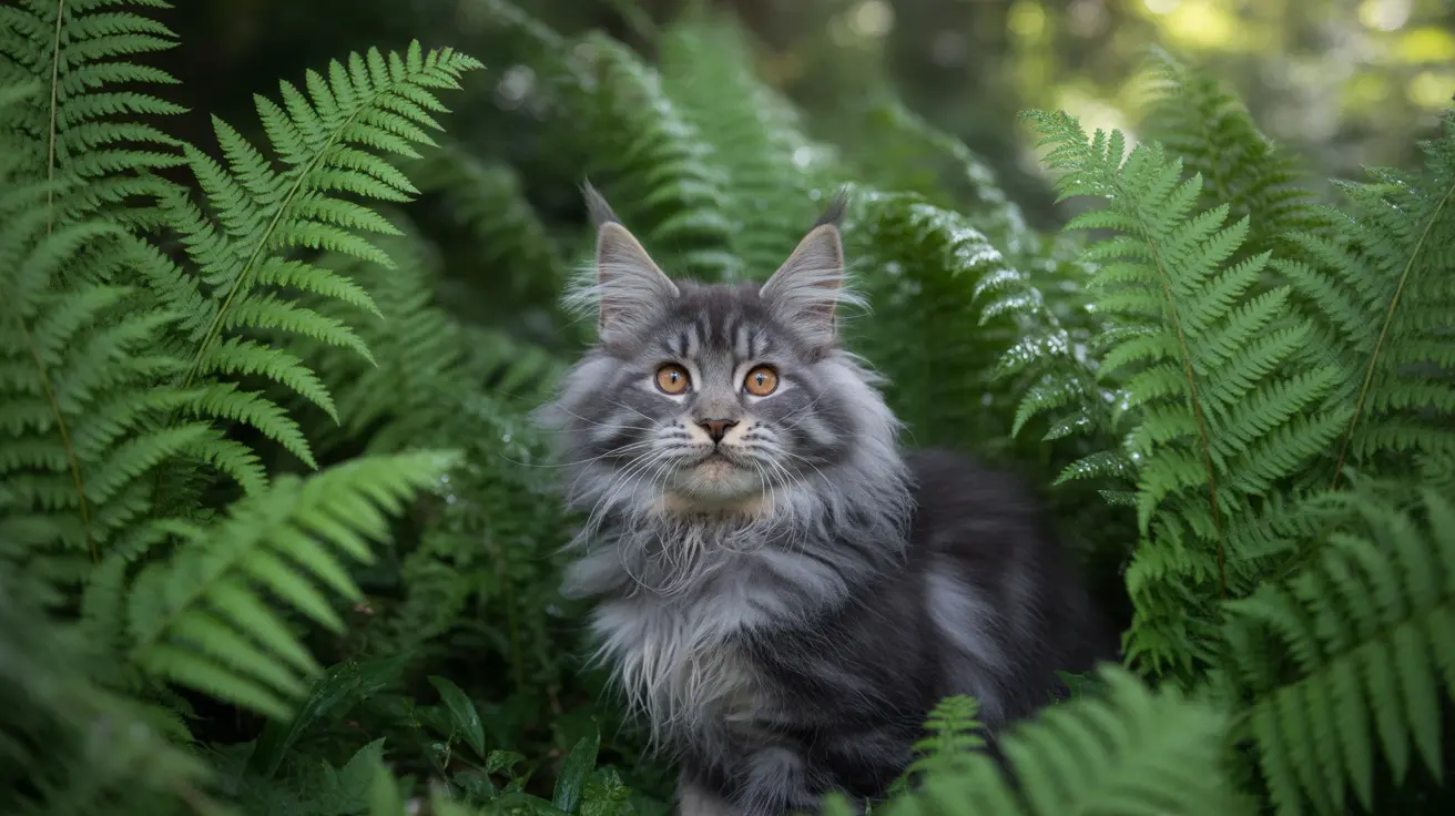 A fluffy gray Maine Coon cat sitting alertly among lush green ferns in a forest setting