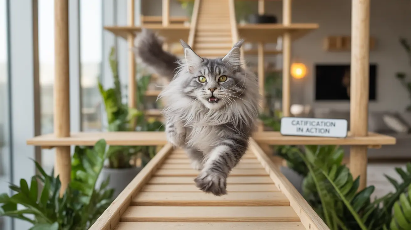 A fluffy gray Maine Coon cat walking along a wooden cat ladder with a playful expression