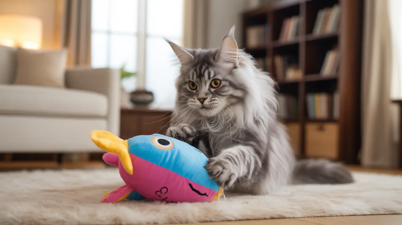 ふわふわの灰色のメインクーン猫が、居心地の良いリビングルームの柔らかいカーペットの上でカラフルな魚の形をしたおもちゃで遊んでいる