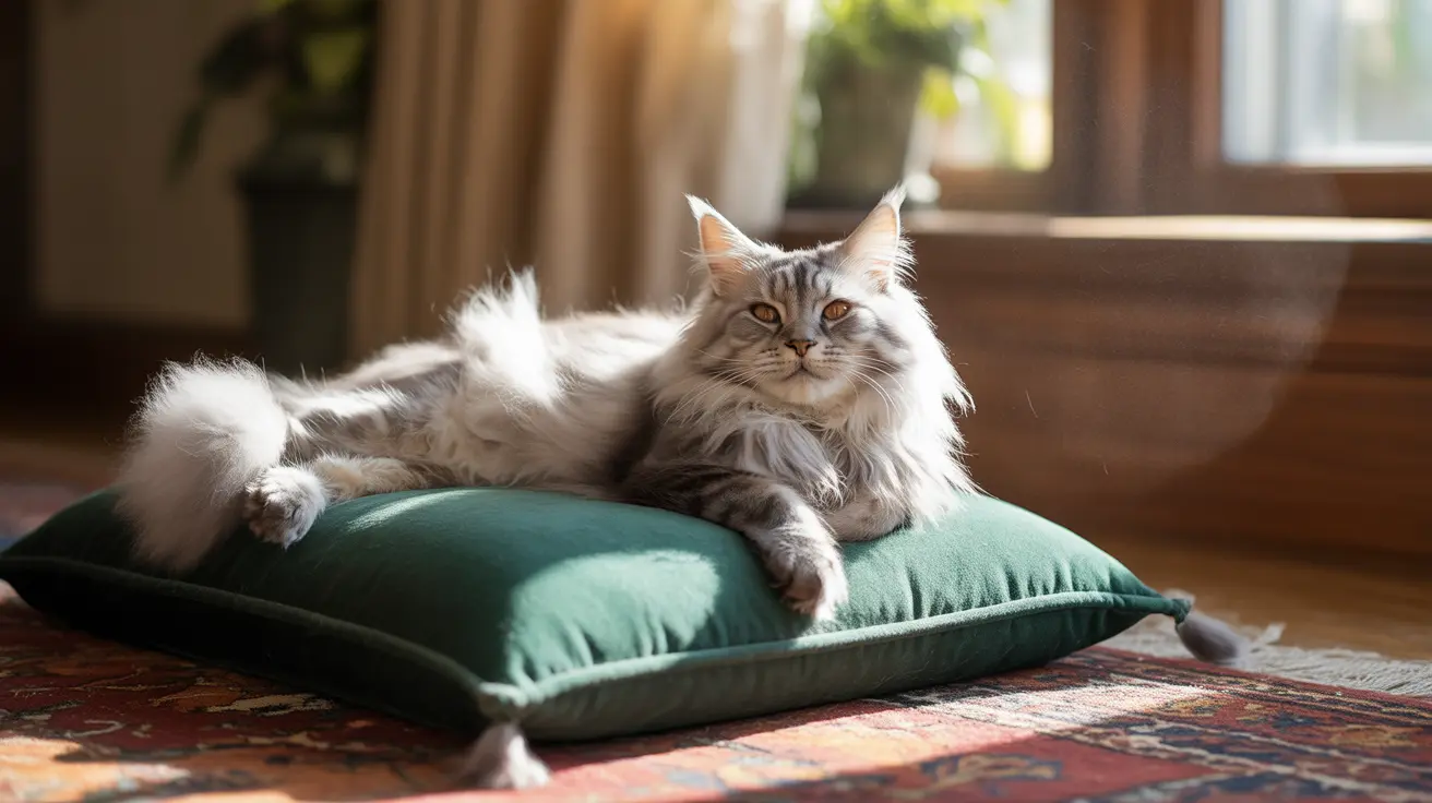A fluffy gray Maine Coon cat lounging elegantly on a dark green velvet cushion near a sunlit window