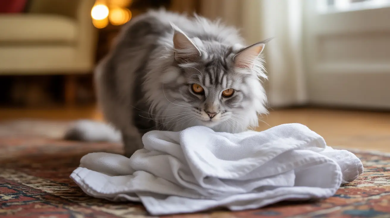 Fluffy gray Maine Coon cat sitting near white towels on a patterned rug