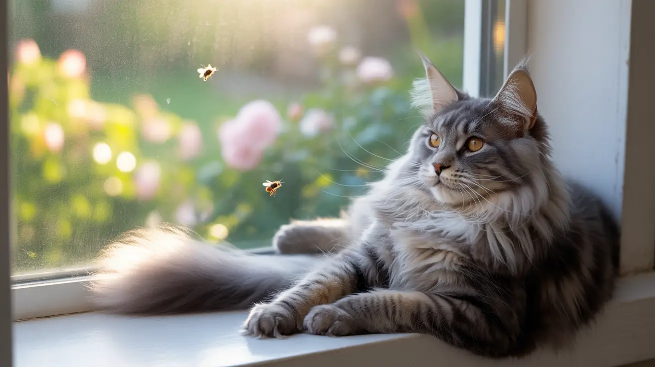 Fluffy gray Maine Coon cat sitting on a windowsill with two bees flying nearby
