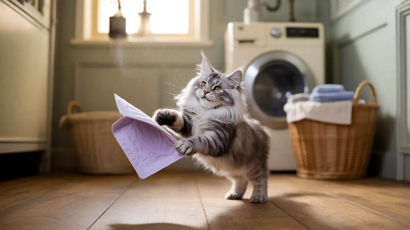 A fluffy gray Maine Coon kitten playfully holding a purple towel in a laundry room