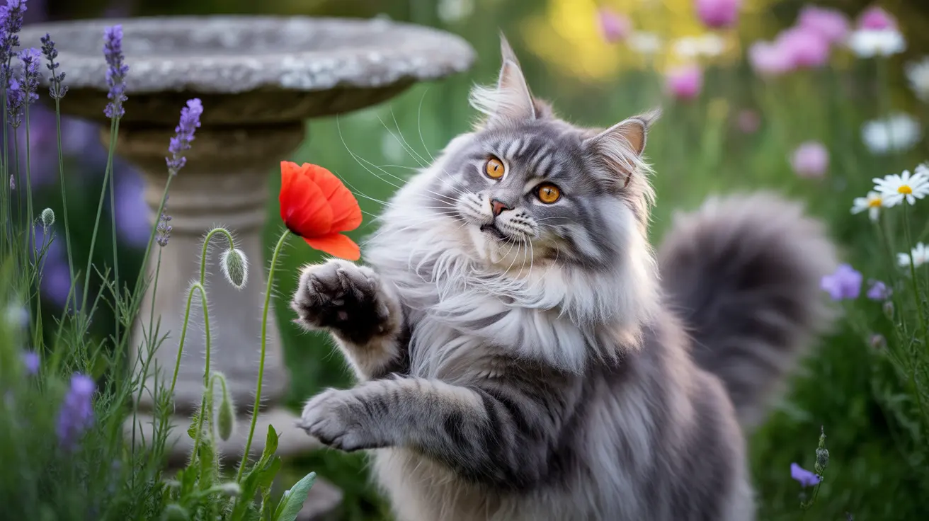 Fluffy gray Maine Coon cat reaching towards a bright red poppy flower in a garden