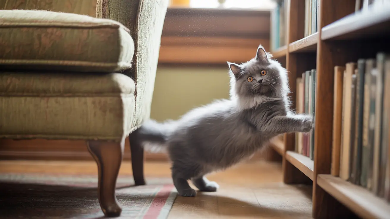 ふわふわしたグレーのペルシャ猫が本棚と肘掛け椅子の近くで立ち上がり、警戒心と好奇心を持って見つめている様子