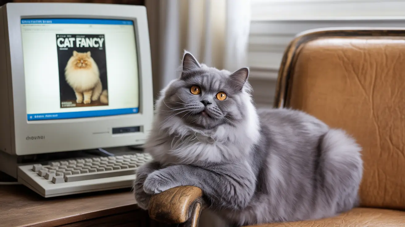 A fluffy gray Persian cat sitting next to an old computer monitor displaying a 'Cat Fancy' magazine cover