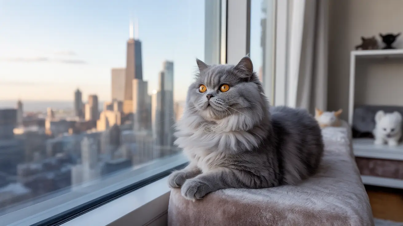 A fluffy gray Persian cat sitting by a large window overlooking the Chicago skyline at dawn or dusk.