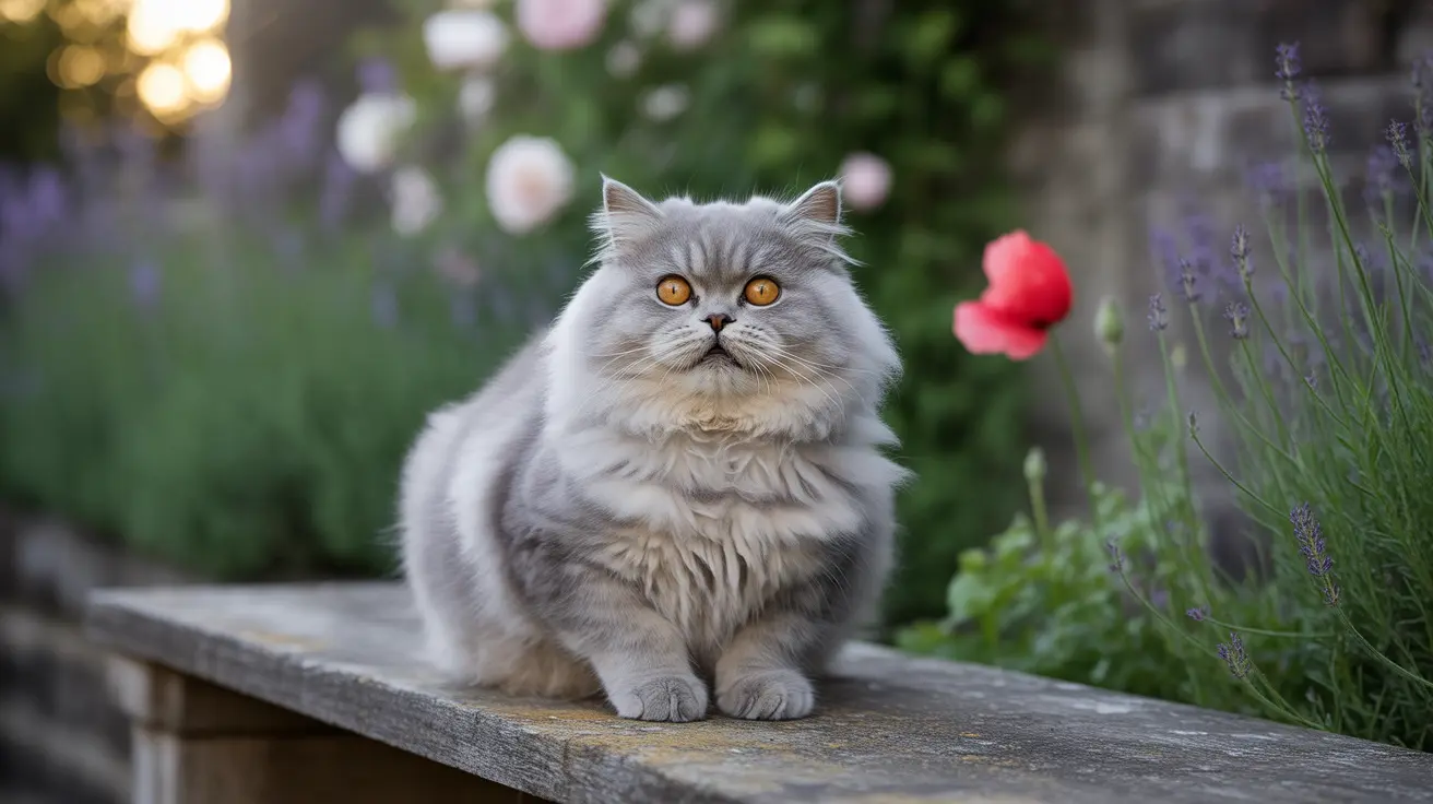 A fluffy gray Persian cat sitting regally on a wooden surface in a garden with lavender and flowers.
