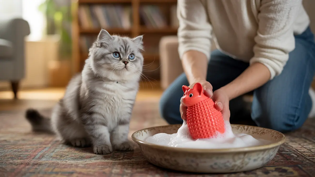 A fluffy gray Persian cat sitting next to a person with a red grooming brush and soapy water
