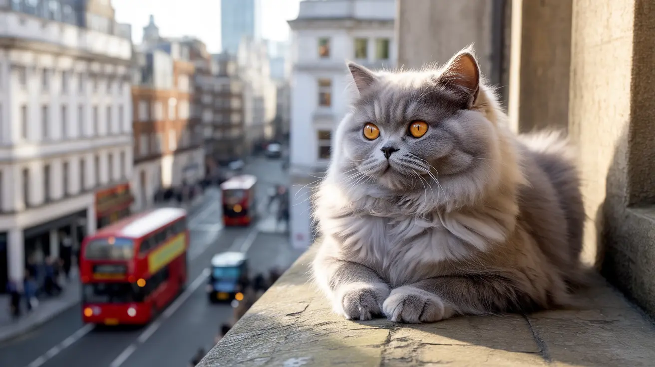 ふわふわした灰色のペルシャ猫が窓辺に座り、にぎやかなロンドンの通りを見下ろしている様子
