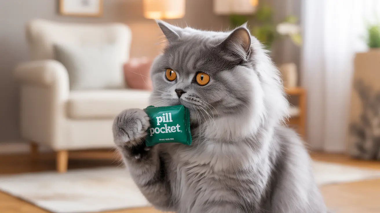 A fluffy gray Persian cat holding a green 'Pill Pocket' treat in its paw