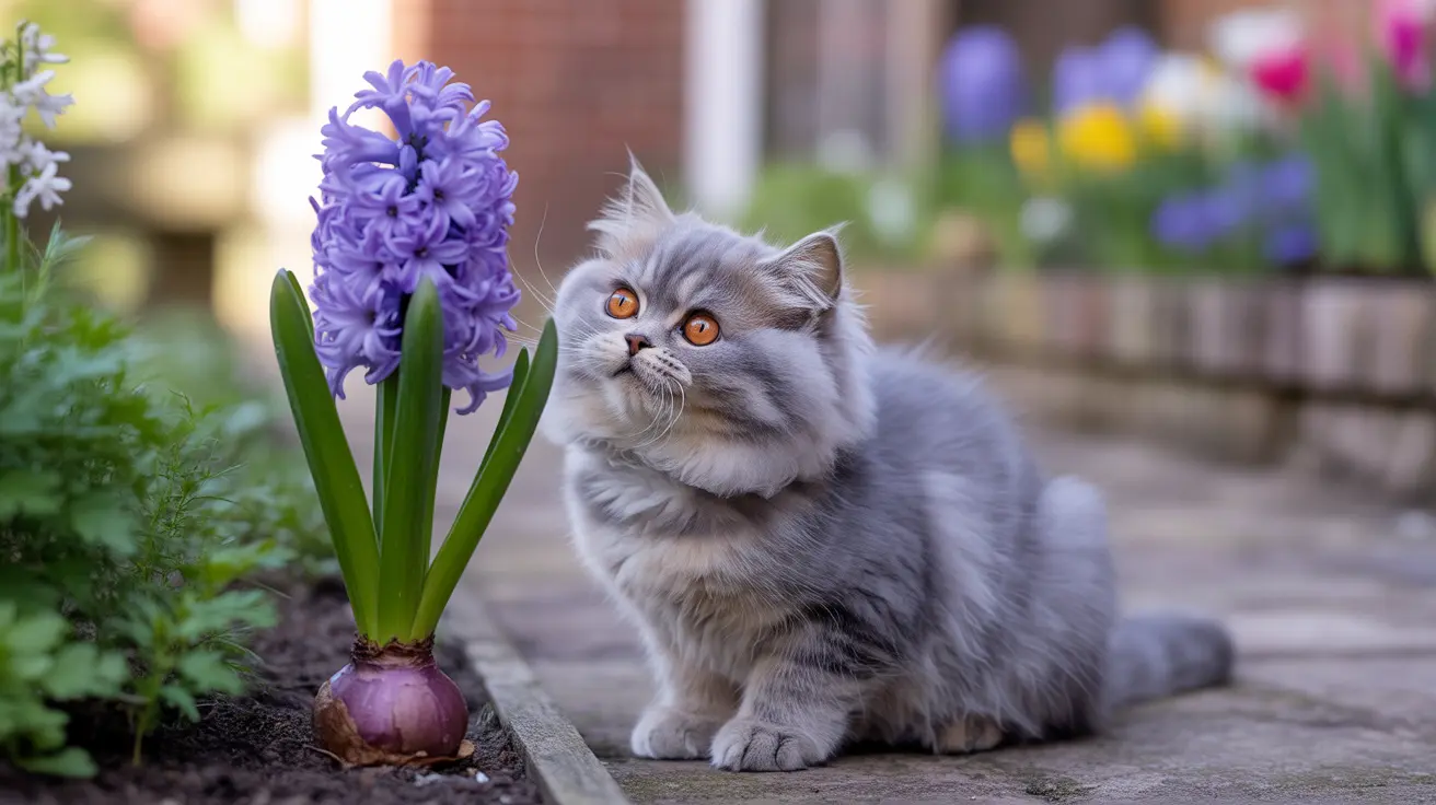 A fluffy gray Persian cat sitting next to a blooming purple hyacinth flower in a garden setting