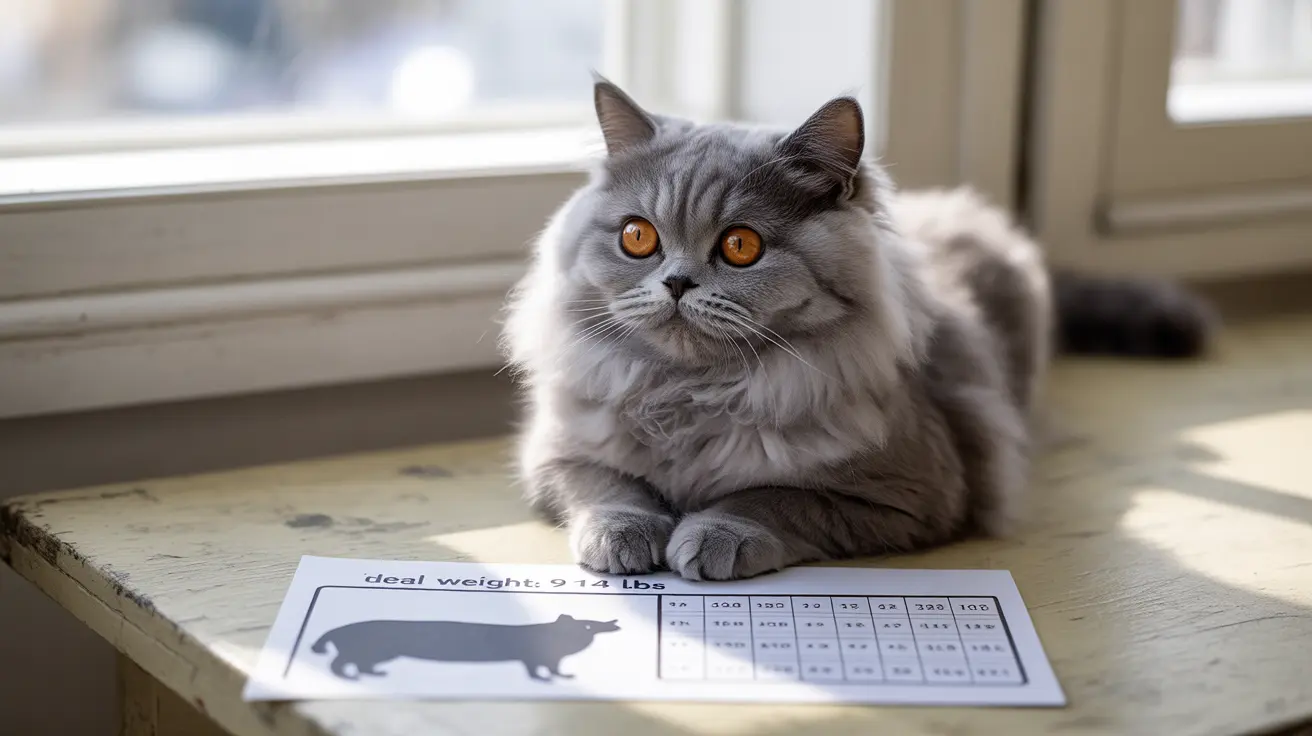 A fluffy gray Persian cat sitting near a weight chart with striking golden-orange eyes