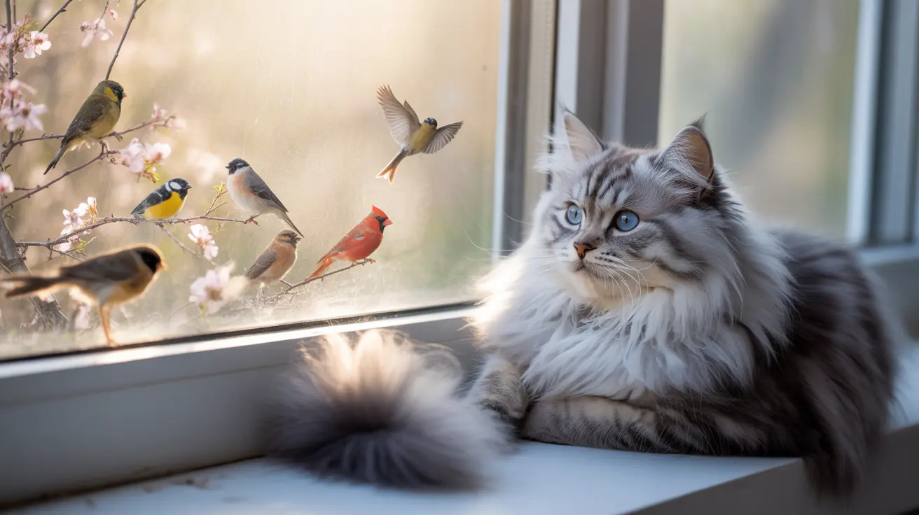 Gray tabby cat with blue eyes looking out window at colorful birds on flowering branches