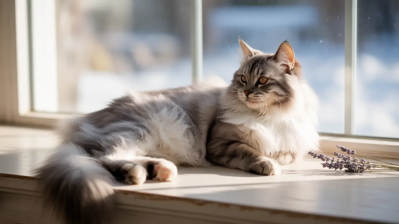 Fluffy gray and white long-haired cat resting on a sunny windowsill beside dried lavender sprigs