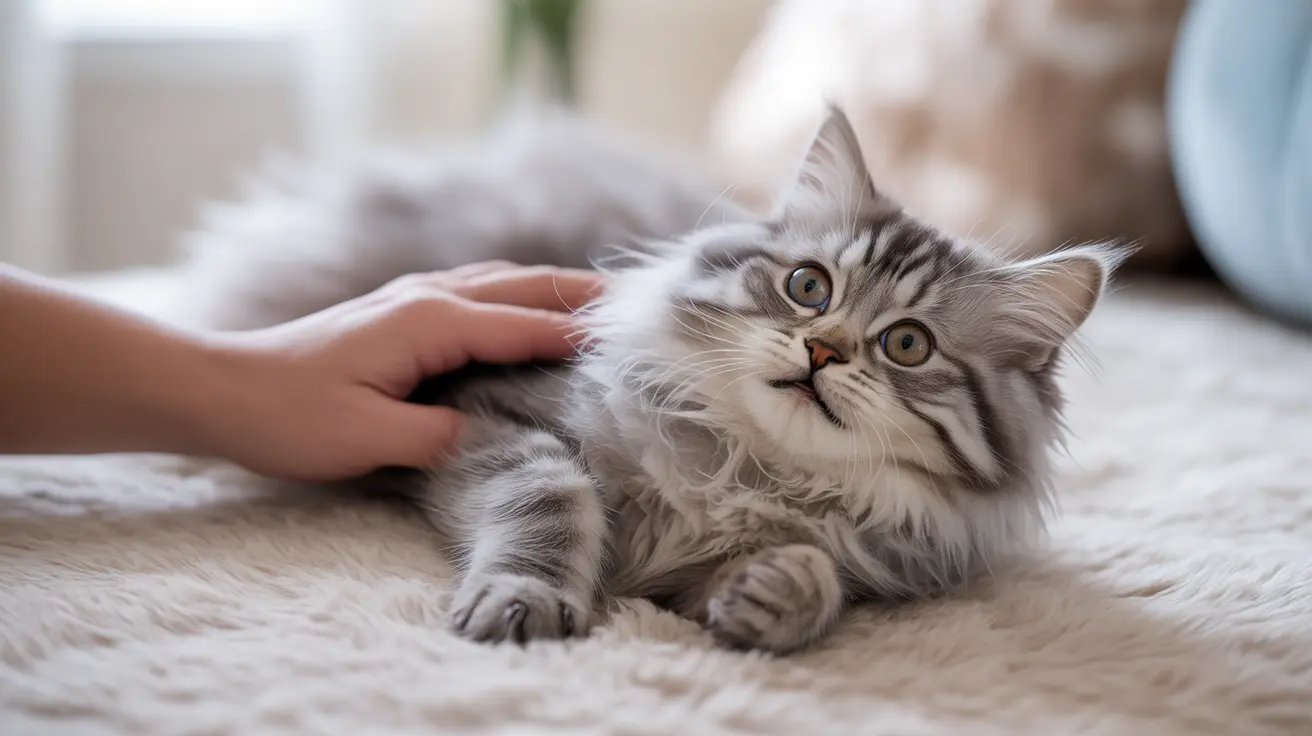 Gray and white kitten lying on a soft white blanket being gently petted by a human hand