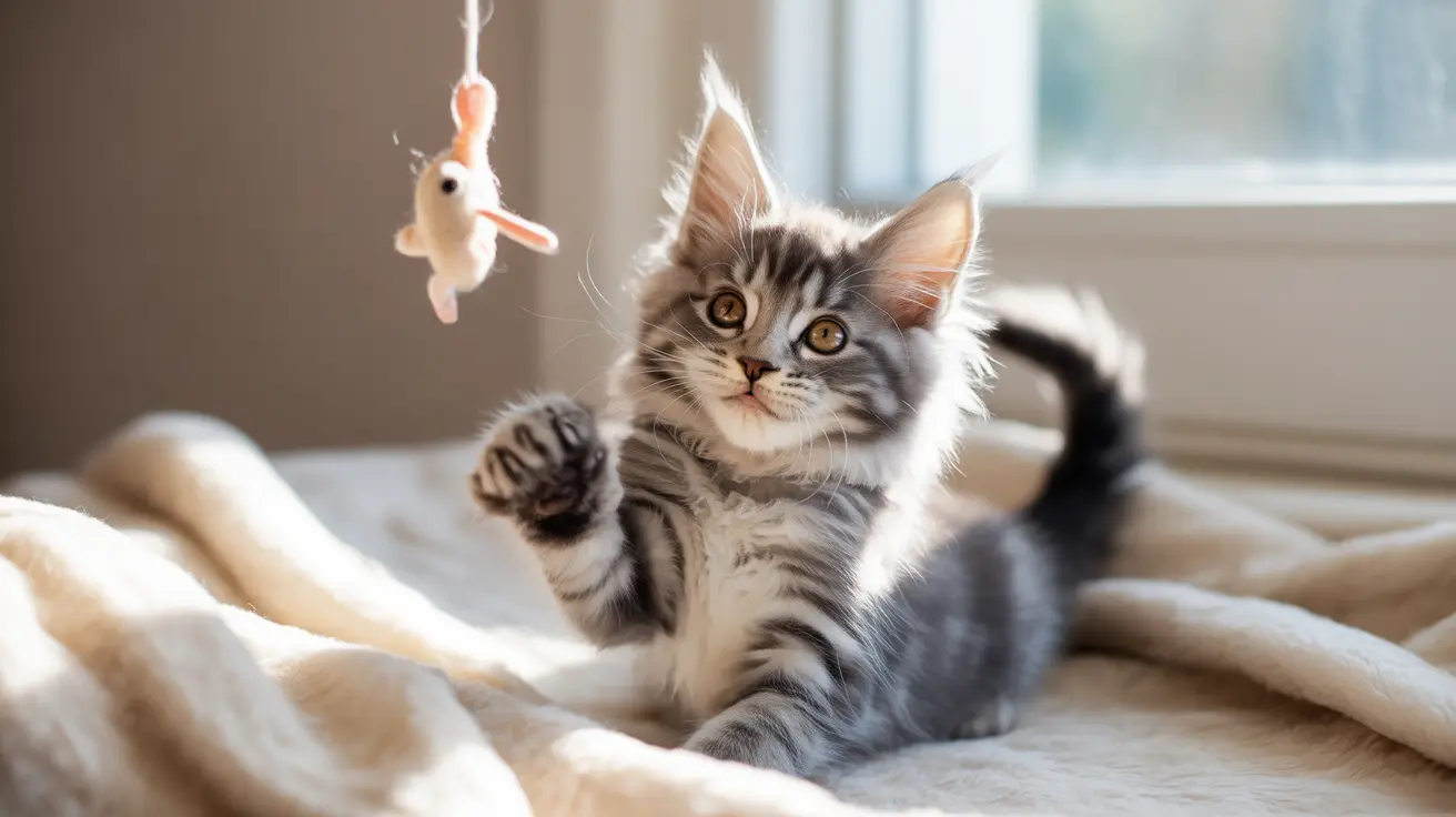 A fluffy gray and white kitten playing with a hanging toy near a window
