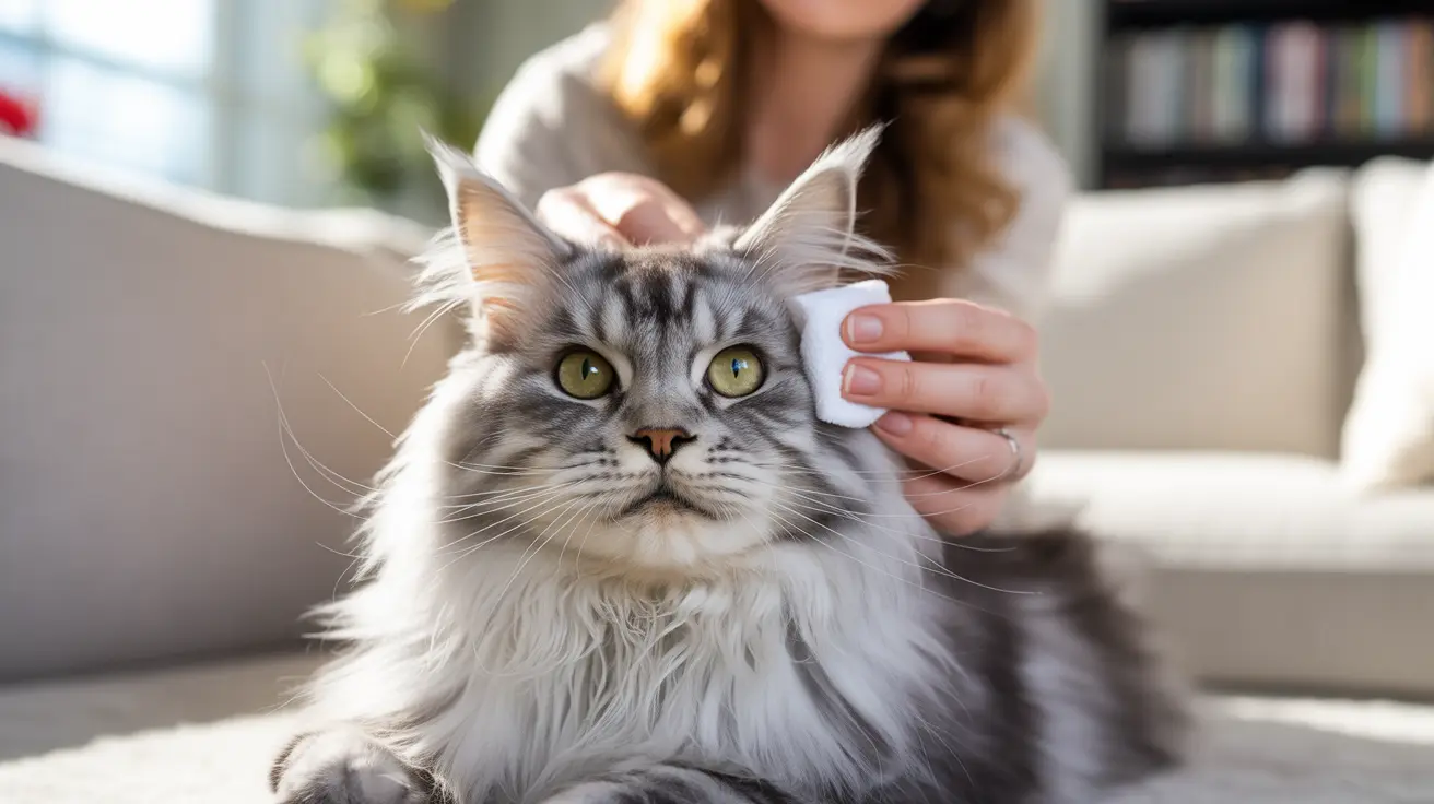 A fluffy gray and white Maine Coon cat being groomed with a small white brush
