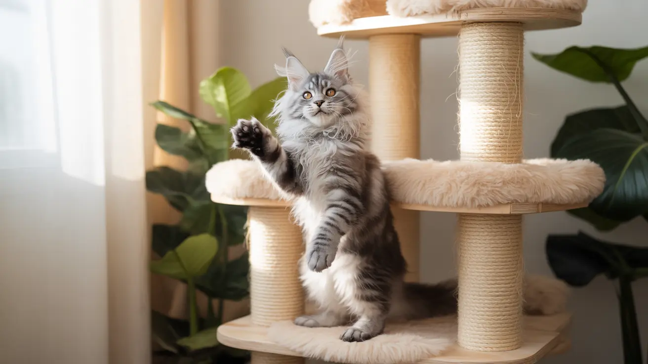A fluffy gray and white Maine Coon kitten sitting upright on a cat tree with one paw raised playfully