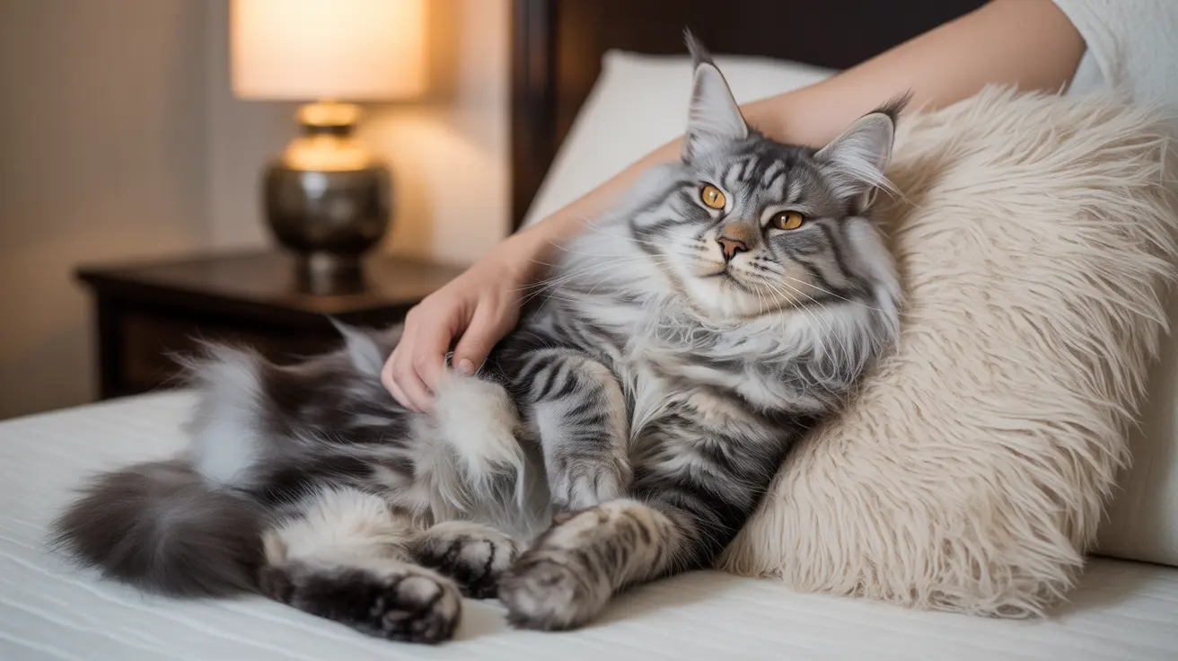Large fluffy gray and white Maine Coon cat lounging comfortably on a bed with a soft cream-colored fur pillow
