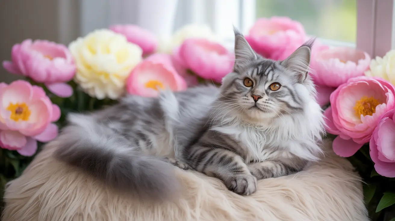 A fluffy gray and white Siberian cat lounging elegantly on a soft beige fur cushion surrounded by pink and yellow peonies