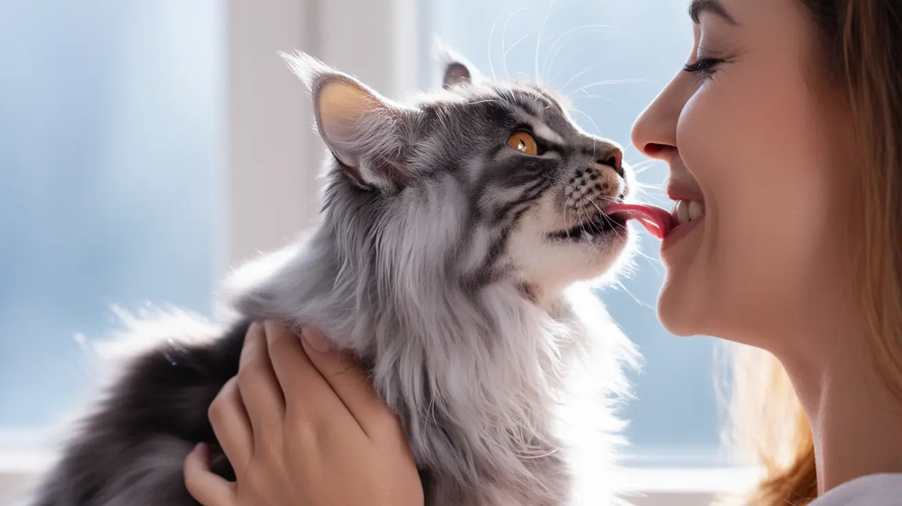 Close-up of a fluffy grey and white Maine Coon cat gently interacting with a person
