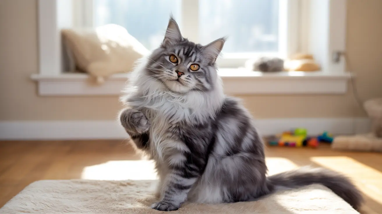 Fluffy grey and white Maine Coon cat sitting attentively near a window with colorful toys in the background