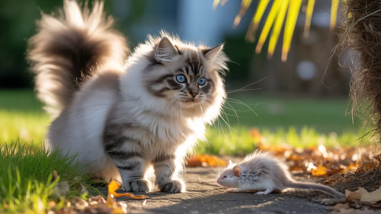 Fluffy blue-eyed kitten watching a small white rat on a garden path