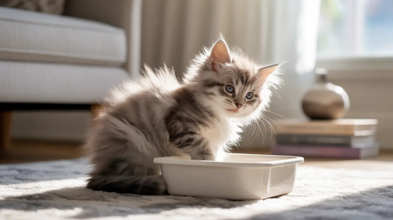 Fluffy long-haired kitten sitting inside a white rectangular container near a window