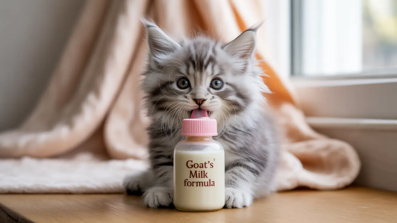 Fluffy gray and white kitten with large eyes licking lips next to a bottle of goat's milk formula