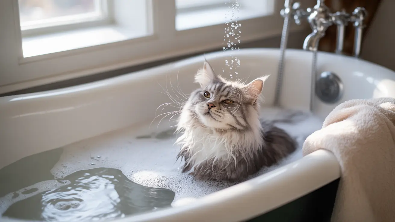 A fluffy long-haired cat sitting in a bathtub with running water and soap bubbles