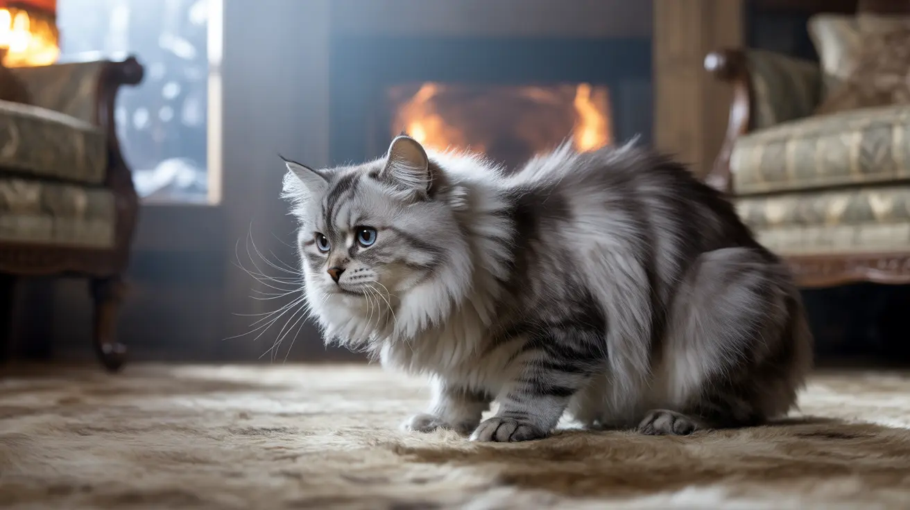 Fluffy long-haired cat with blue eyes sitting on a rug in front of a fireplace in a living room