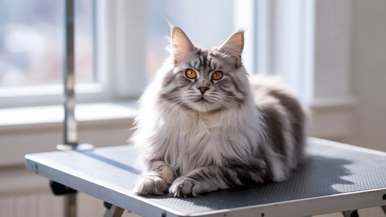 アンバー色の目を持ち、ふわふわの毛並みのメインクーン猫が、明るい室内のモダンなテーブルの上に優雅に座っている様子。