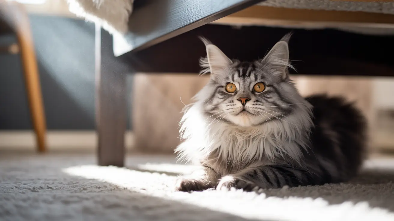 Fluffy Maine Coon cat with amber eyes sitting under a wooden table indoors