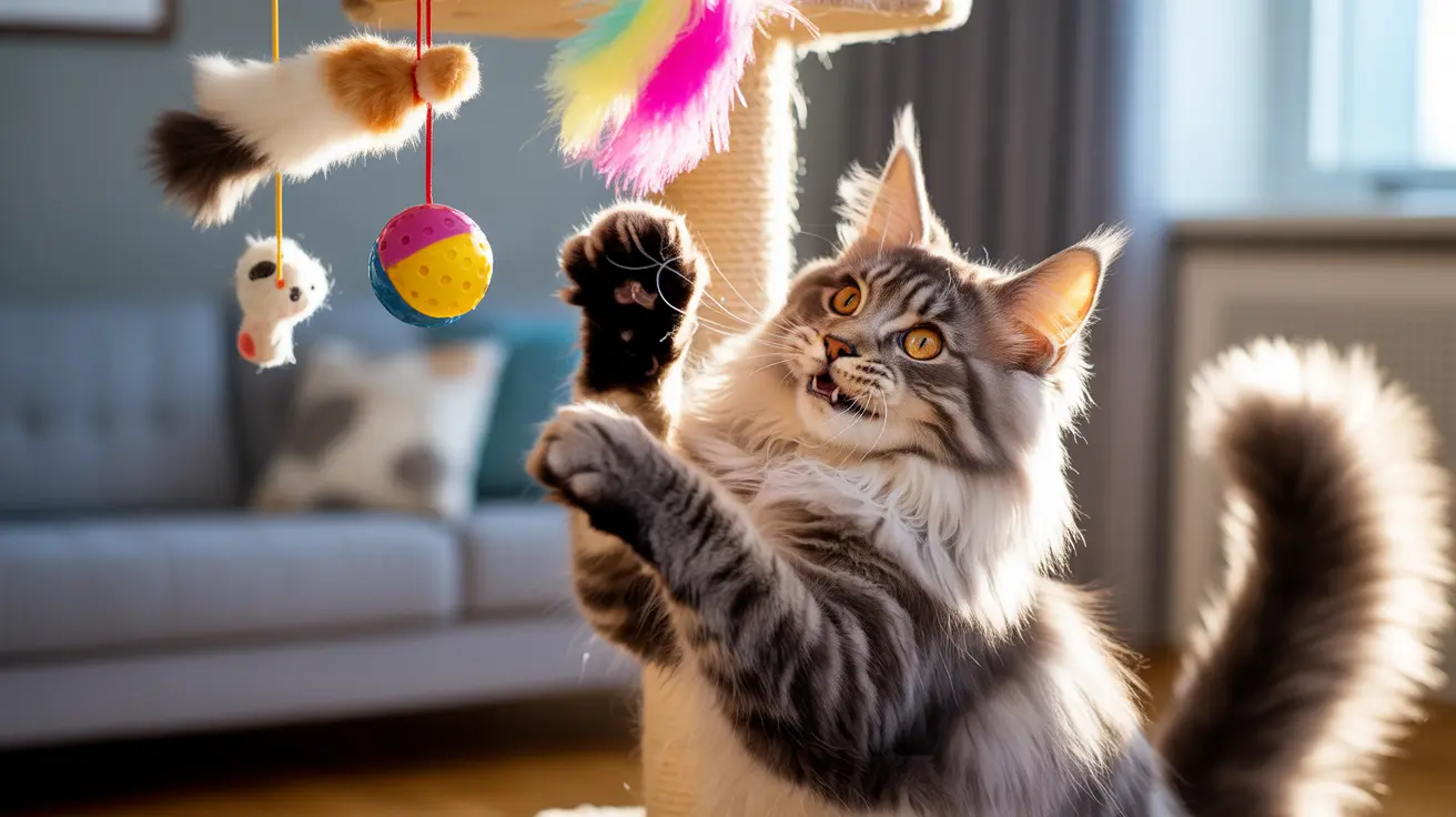 Un gato Maine Coon esponjoso que alcanza juguetonamente para golpear juguetes colgantes para gatos